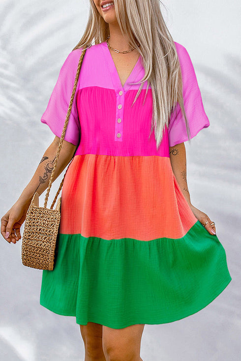 Color Block Tiered Puff Sleeve Dress